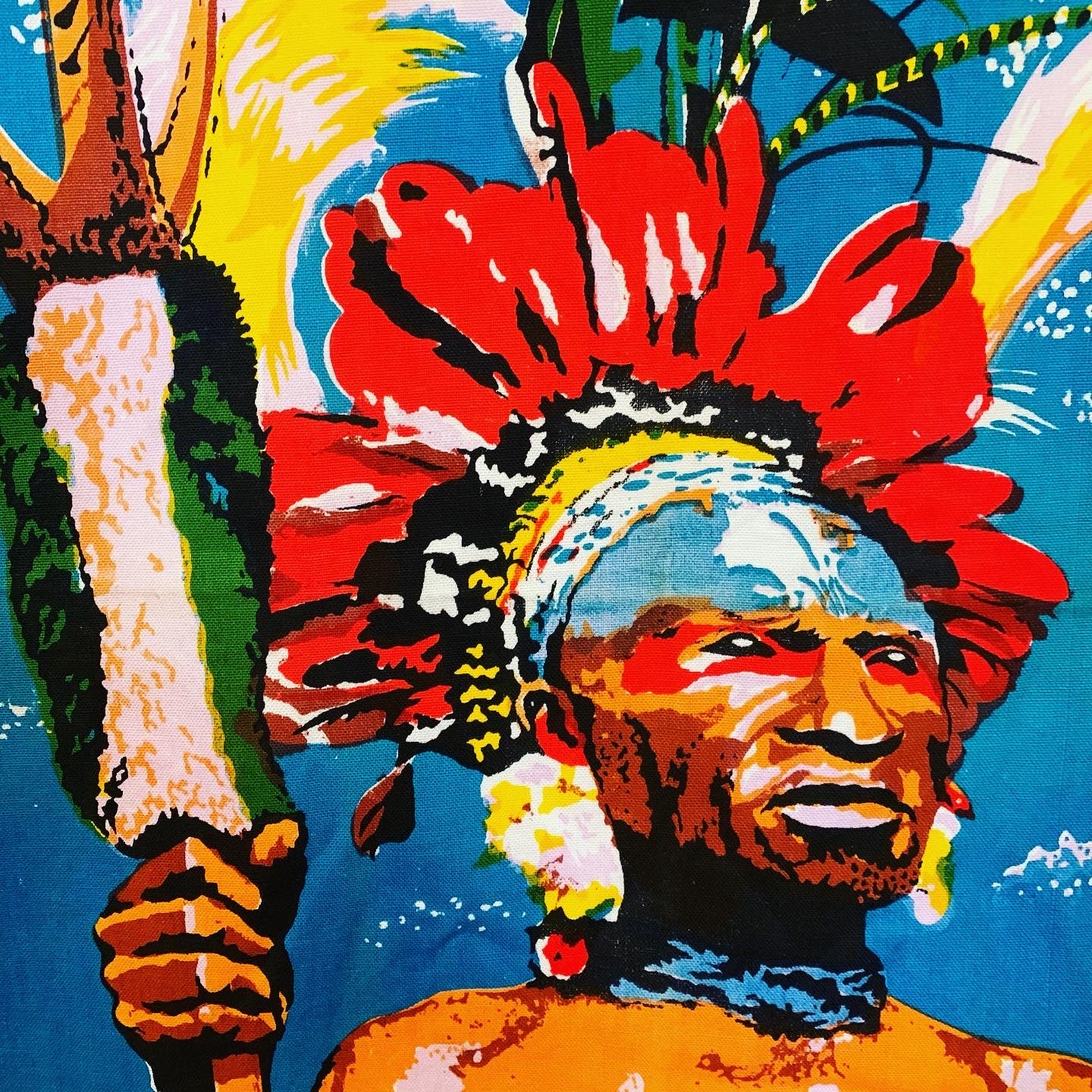 "Papua New Guinea" Original Mid Century Fabric Screen Print of a Papua New Guinean Warrior