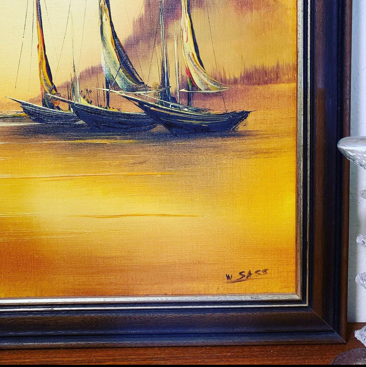 Original Wolfgang Sass Mid Century Oil Painting of Boats in a Bay in Orange Tones