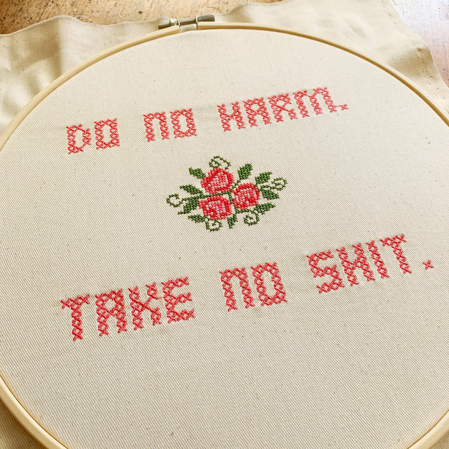 "DO NO HARM. TAKE NO SHIT." Subversive Embroidery Wall Art