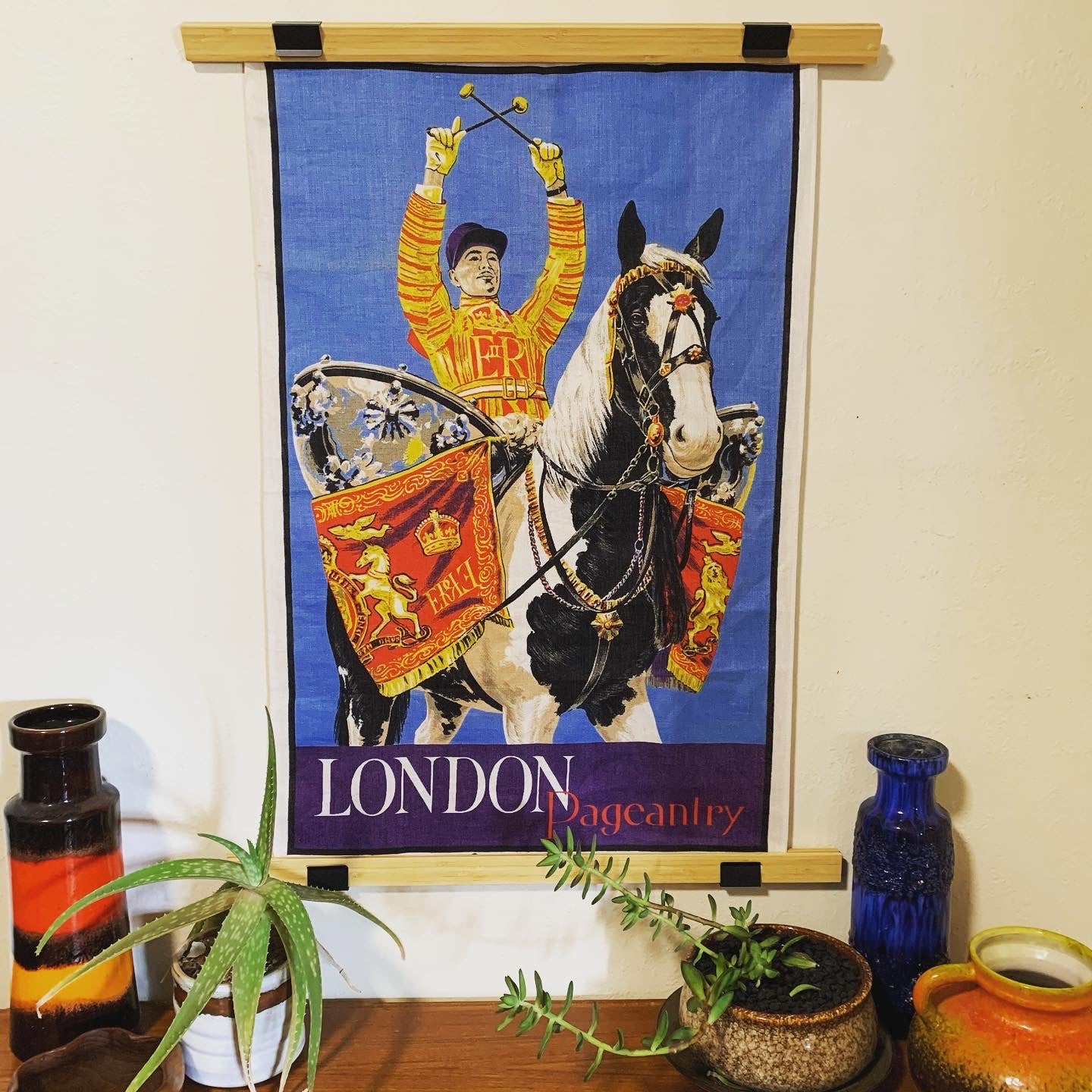 "London Pageantry" Original Mid Century Fabric Screen Print of a Person on a Horse, Playing Drums