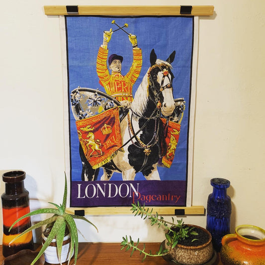 "London Pageantry" Original Mid Century Fabric Screen Print of a Person on a Horse, Playing Drums