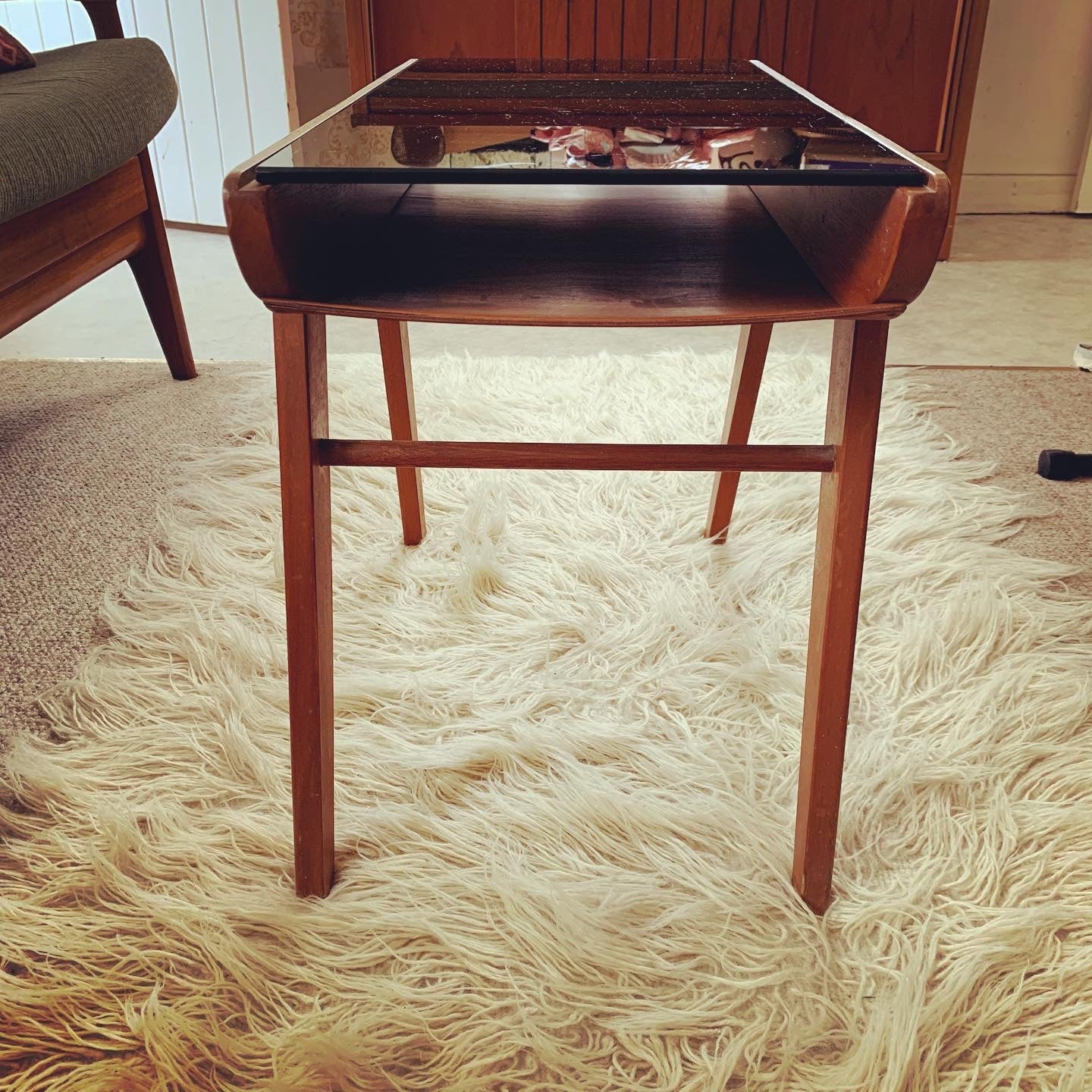 Mid Century Modern Coffee or Side "Cocktail" Table Feat. Black Vitrolite Glass Top, Splayed Legs