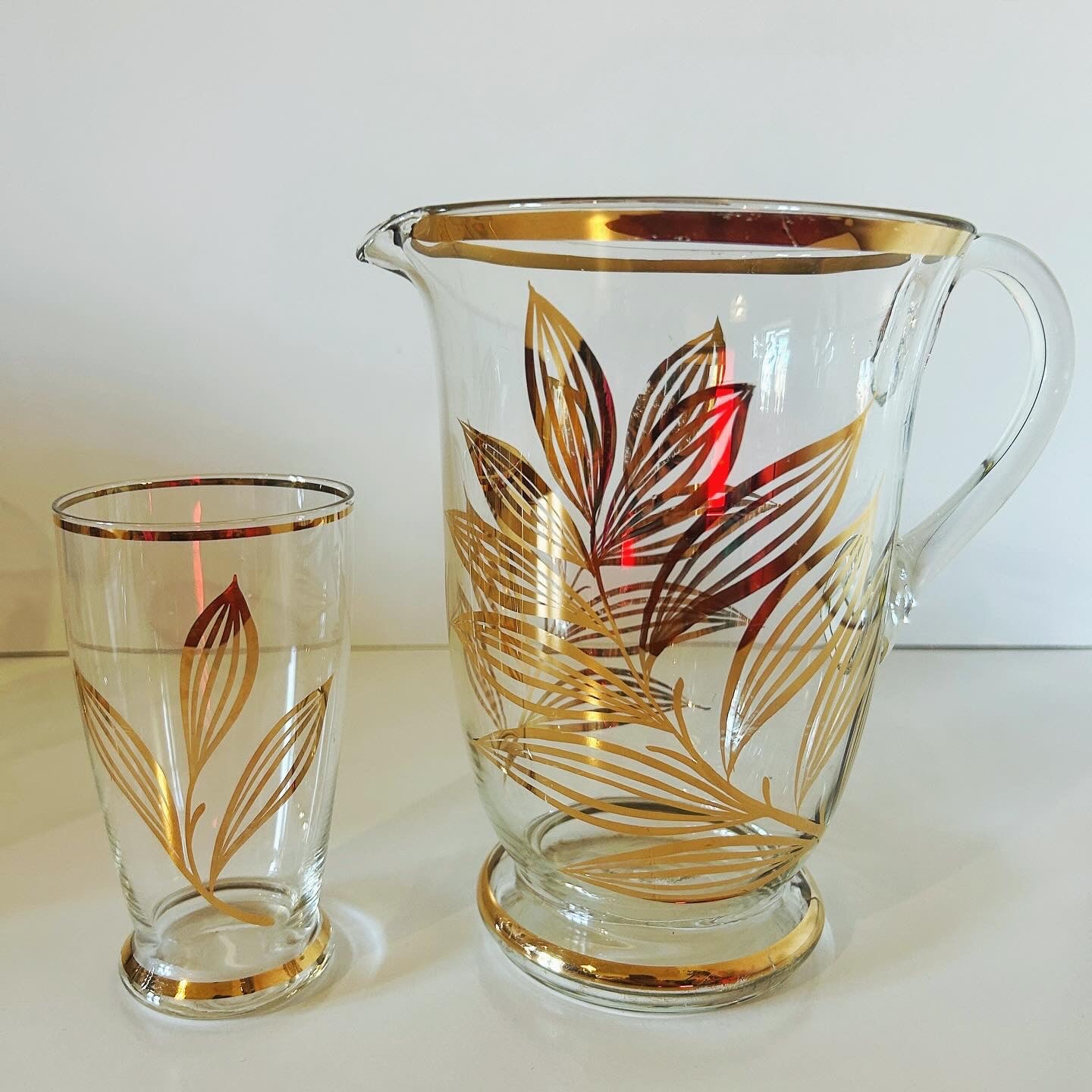 Gold Leaf Pitcher or Jug and Highball Glasses Set