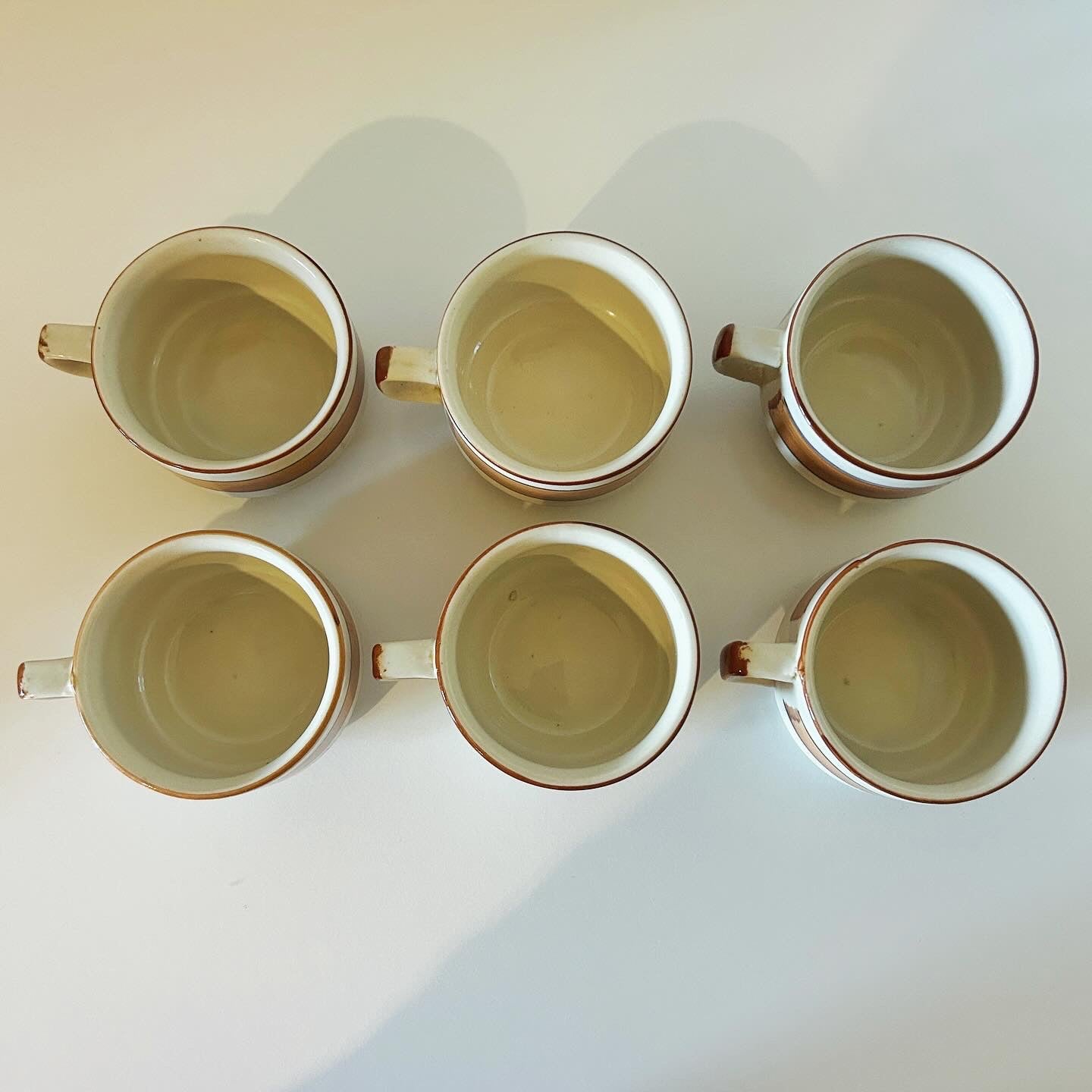 Set of 6 Vintage Stacking Stoneware Soup or Coffee Mugs, Brown Stripe