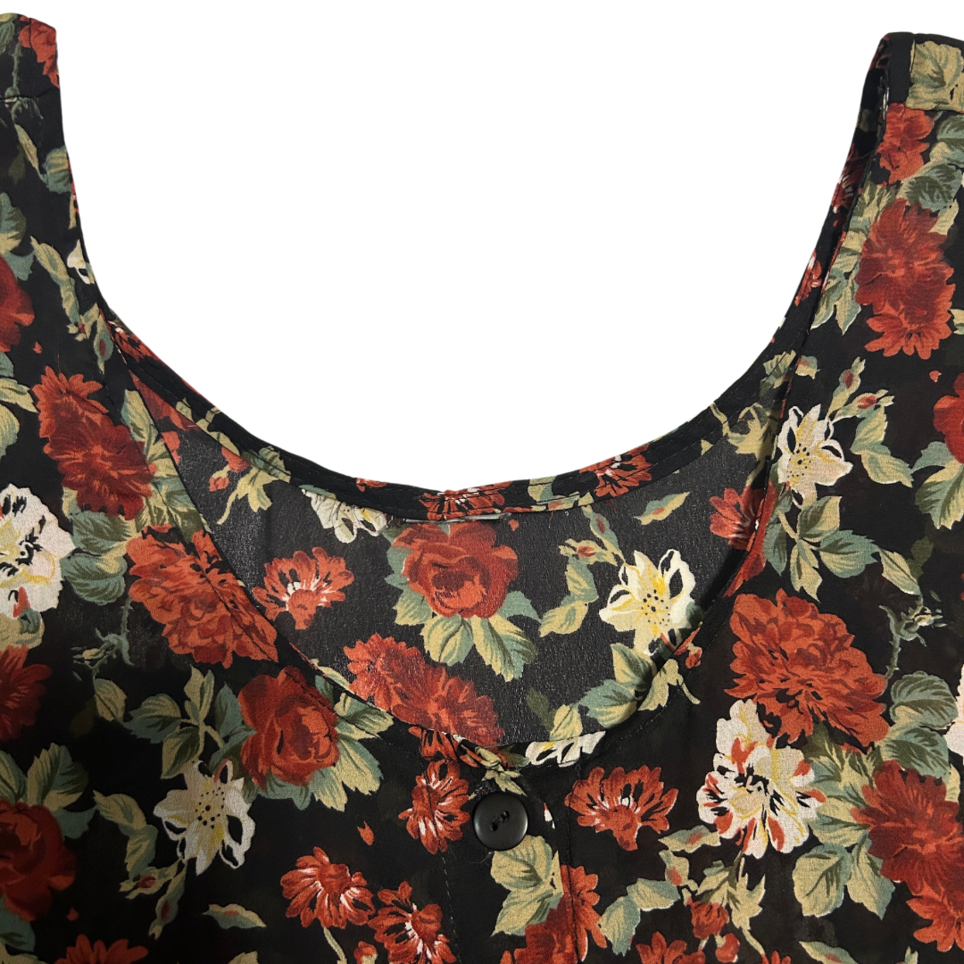 Vintage 90s Sheer Floral Black and Red Maxi Dress