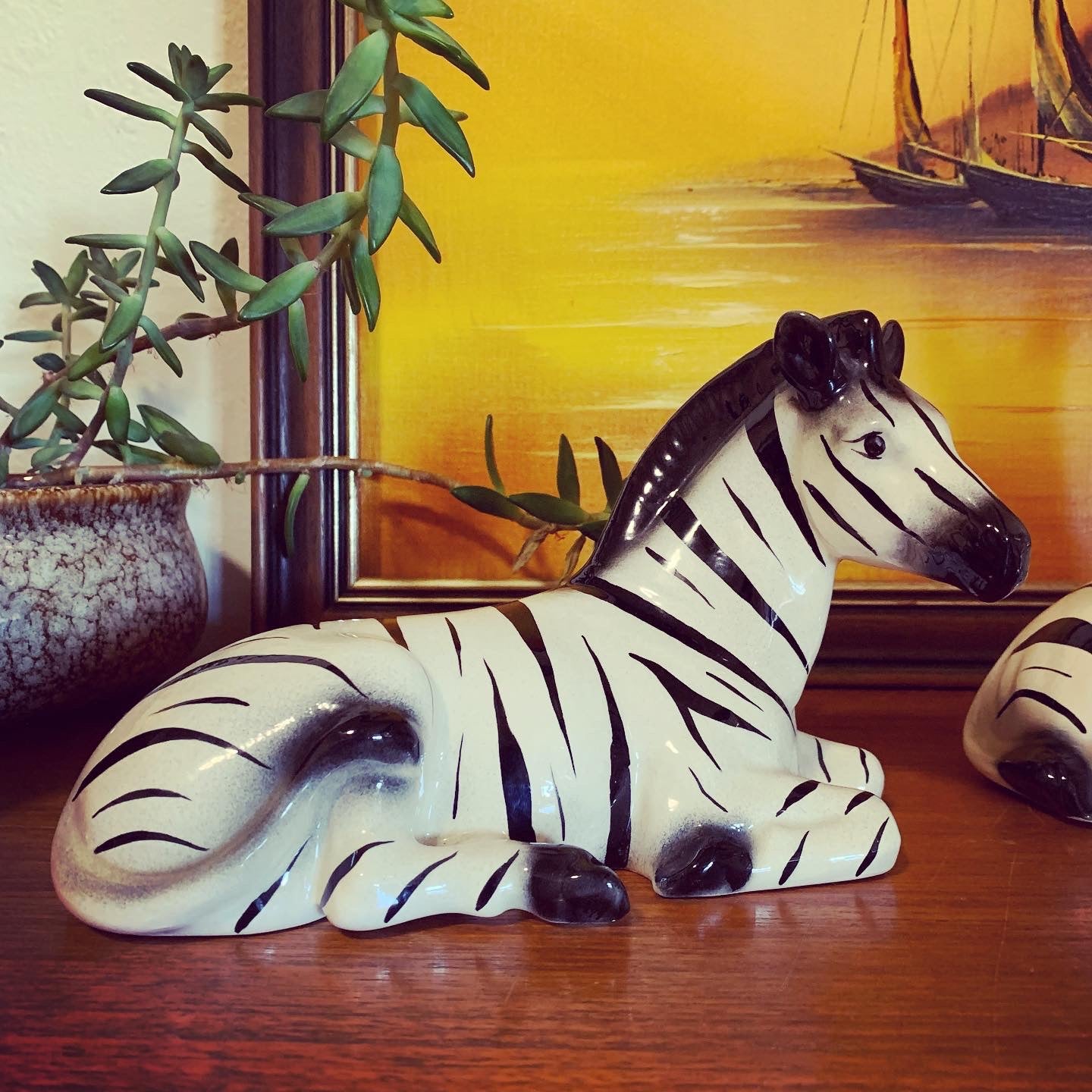 Pair of Hand Painted Mid Century Retro Ceramic Zebras