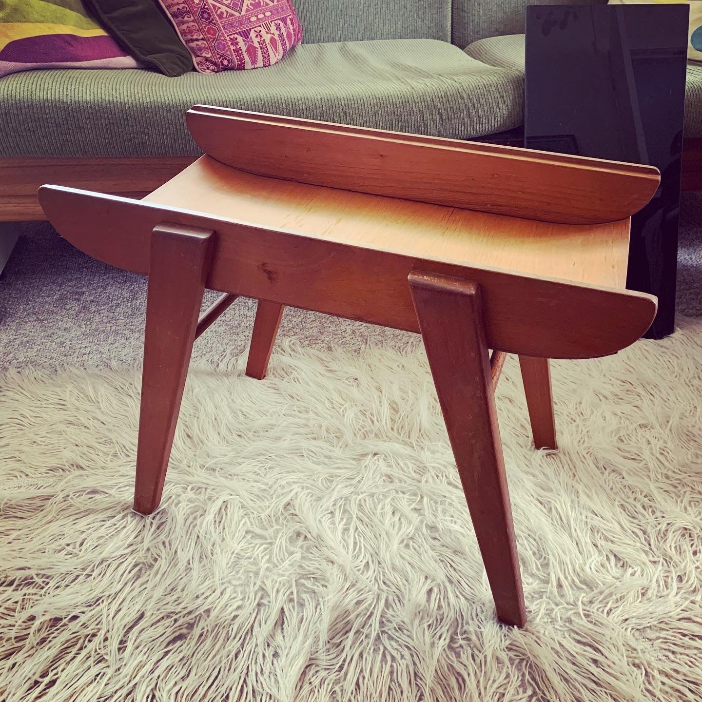 Mid Century Modern Coffee or Side "Cocktail" Table Feat. Black Vitrolite Glass Top, Splayed Legs