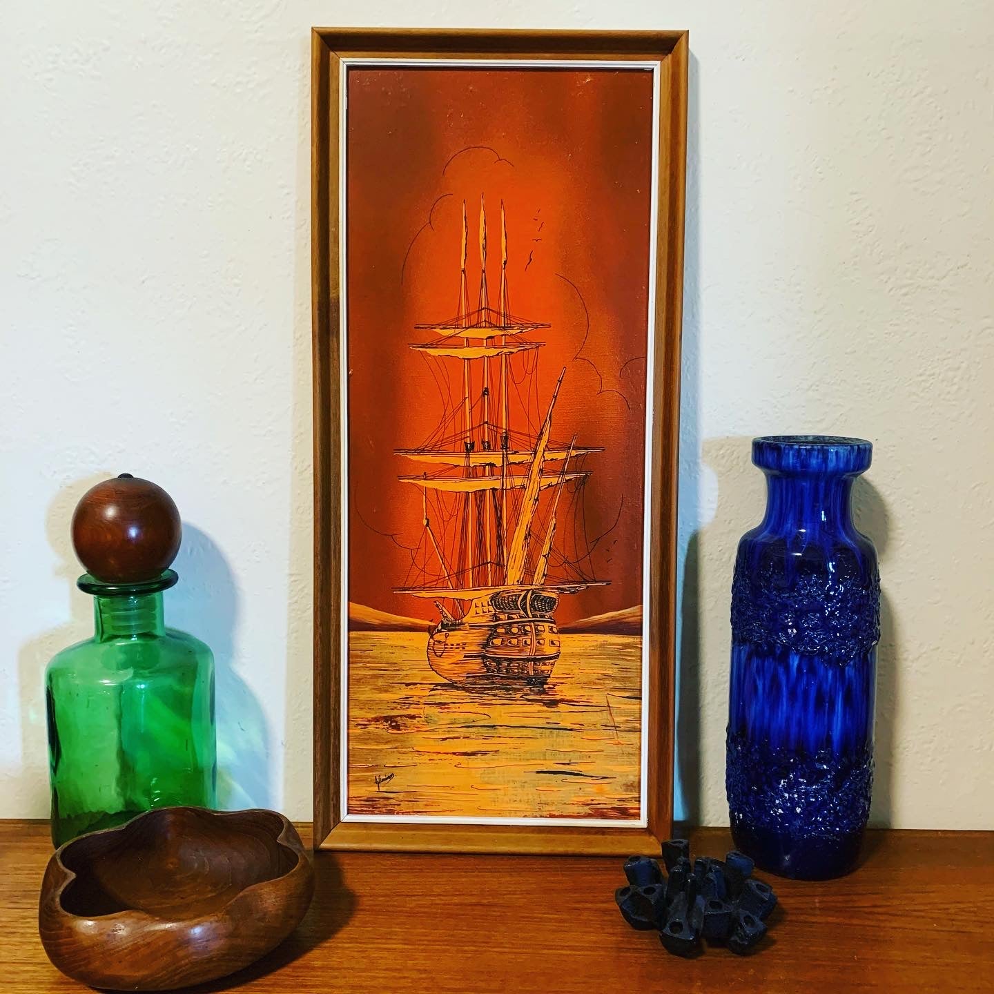 Original Gail Andrews Mid Century Oil Painting of a Galleon Ship at Sea