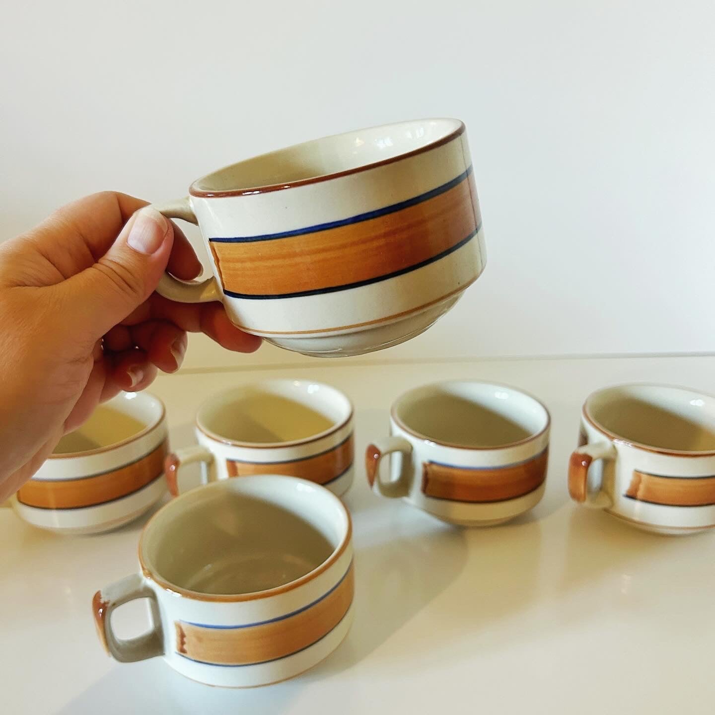 Set of 6 Vintage Stacking Stoneware Soup or Coffee Mugs, Brown Stripe