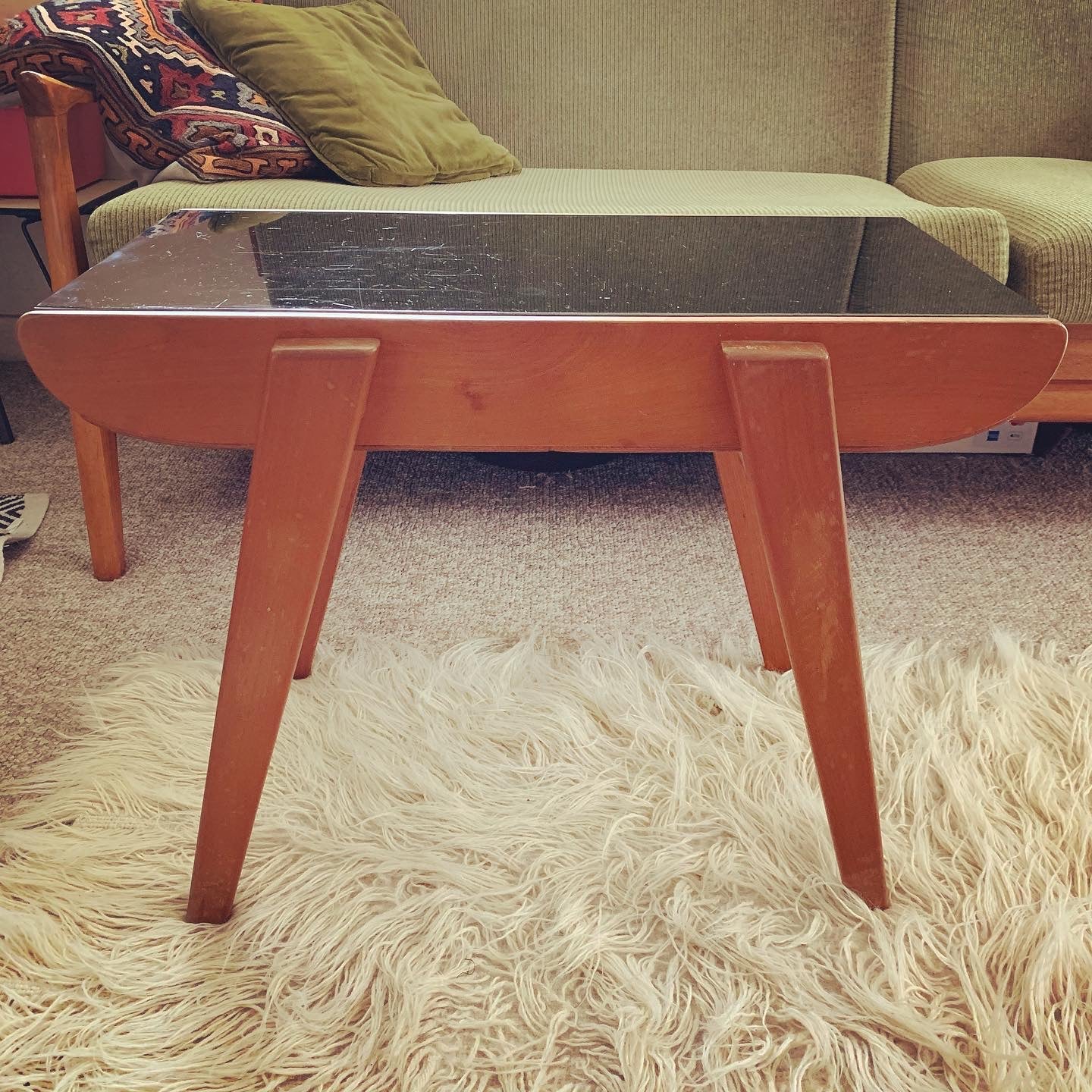Mid Century Modern Coffee or Side "Cocktail" Table Feat. Black Vitrolite Glass Top, Splayed Legs