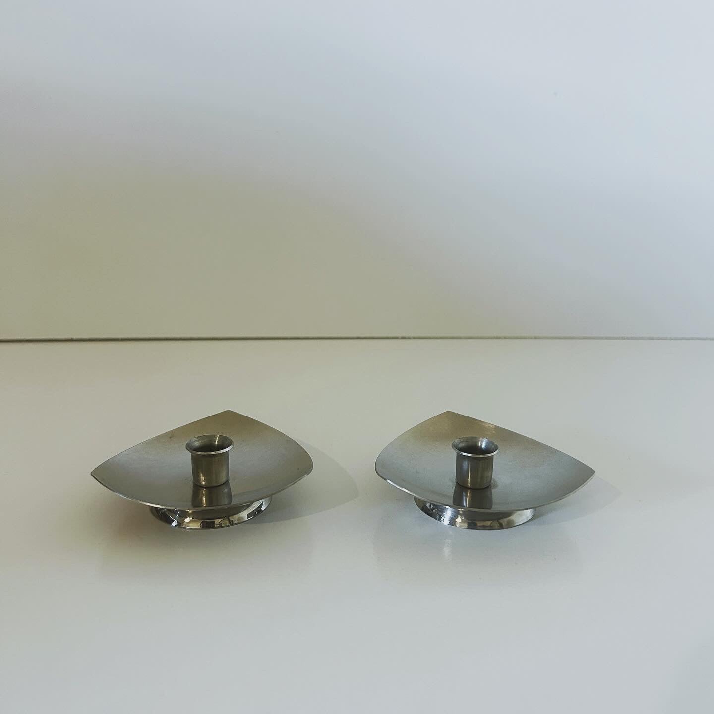 Pair of Mid Century Stainless Steel Candle Holders, Atomic Era