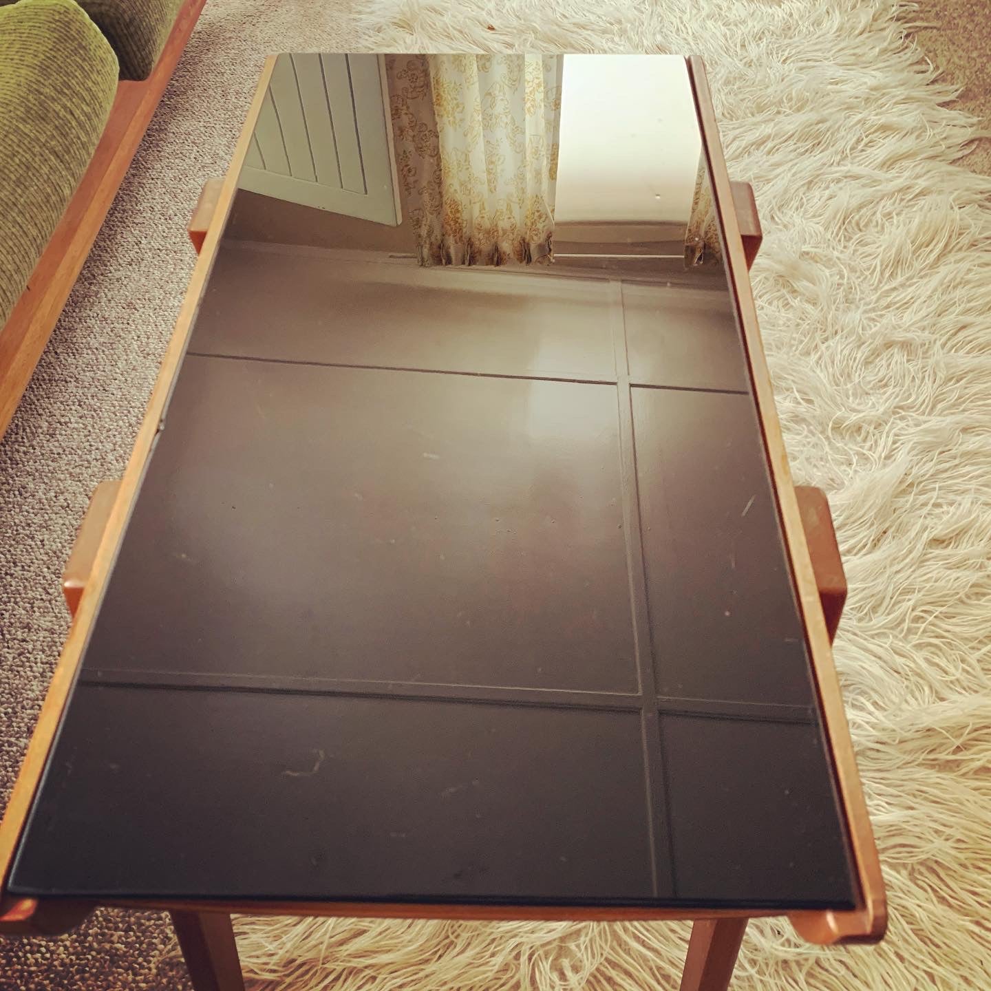 Mid Century Modern Coffee or Side "Cocktail" Table Feat. Black Vitrolite Glass Top, Splayed Legs