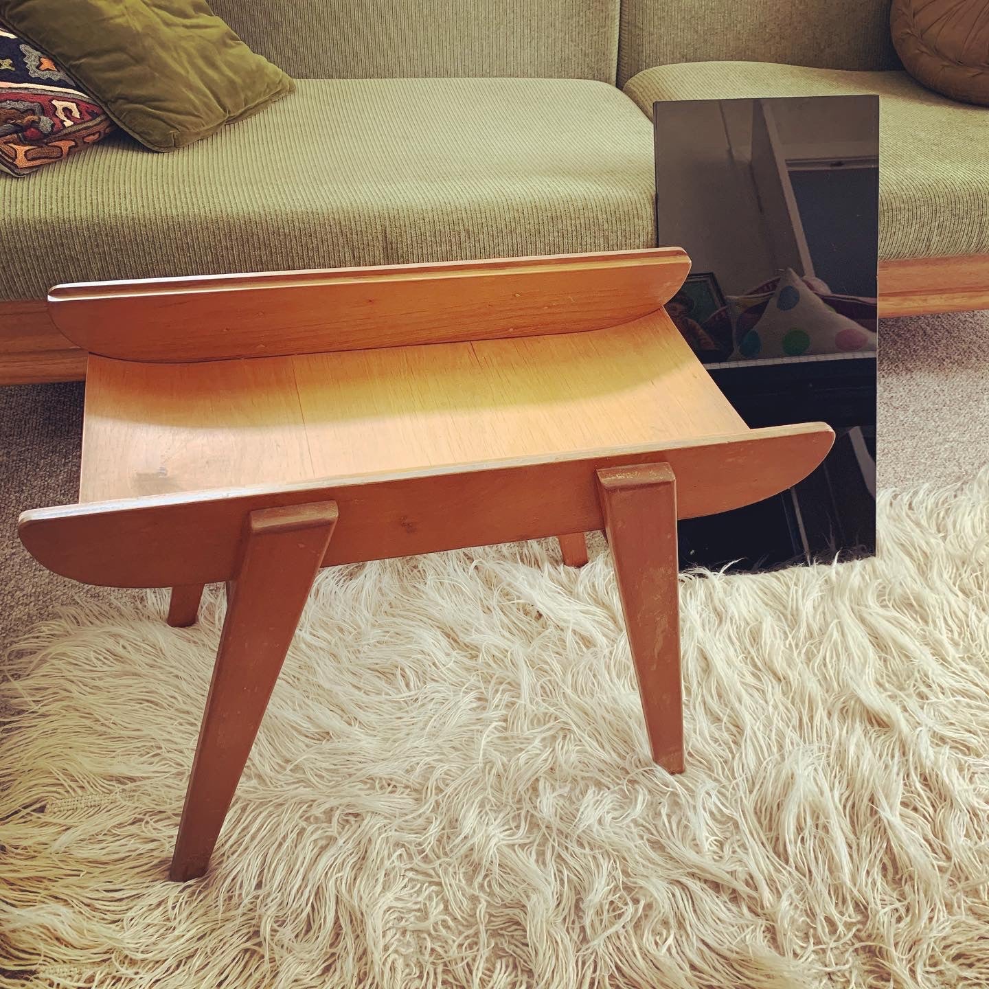 Mid Century Modern Coffee or Side "Cocktail" Table Feat. Black Vitrolite Glass Top, Splayed Legs