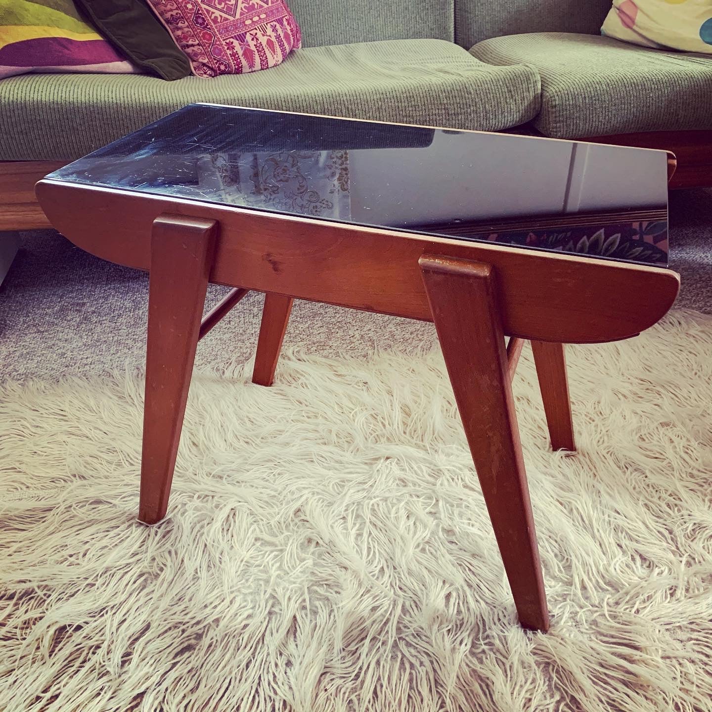 Mid Century Modern Coffee or Side "Cocktail" Table Feat. Black Vitrolite Glass Top, Splayed Legs