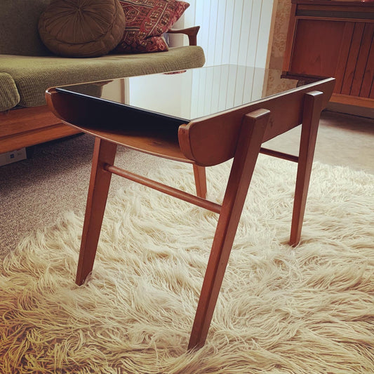 Mid Century Modern Coffee or Side "Cocktail" Table Feat. Black Vitrolite Glass Top, Splayed Legs