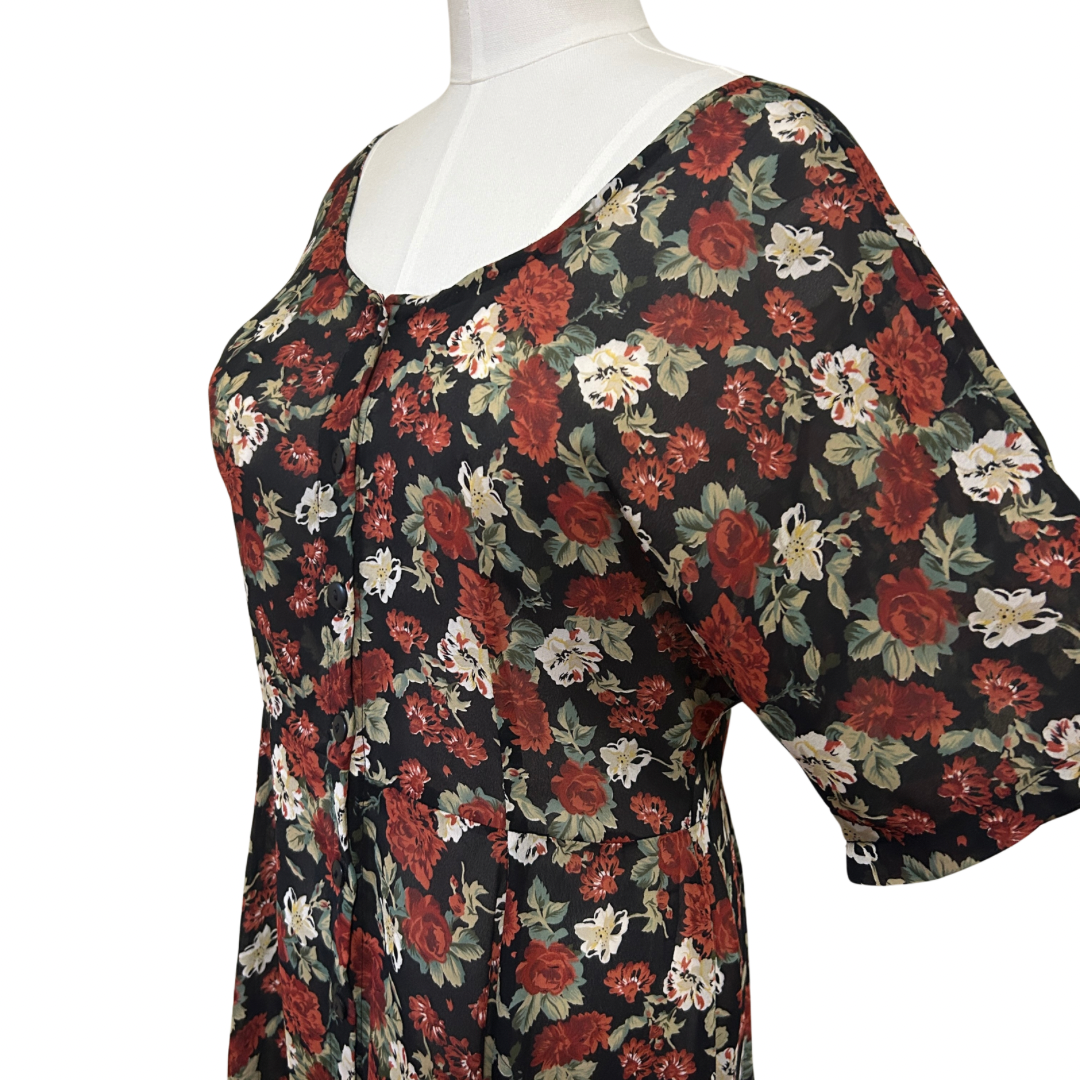 Vintage 90s Sheer Floral Black and Red Maxi Dress