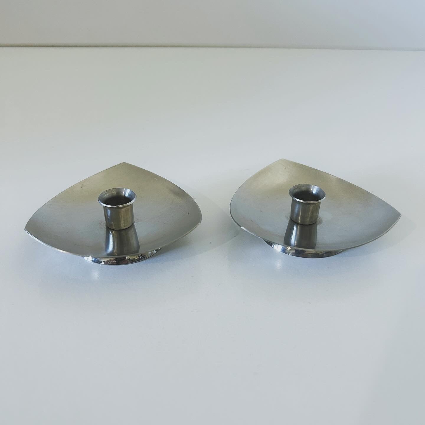 Pair of Mid Century Stainless Steel Candle Holders, Atomic Era