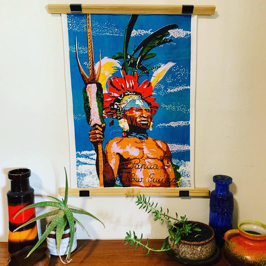 "Papua New Guinea" Original Mid Century Fabric Screen Print of a Papua New Guinean Warrior