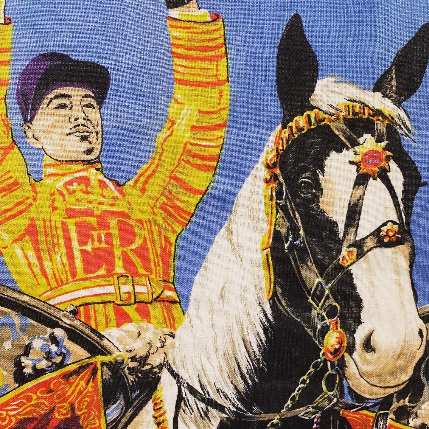 "London Pageantry" Original Mid Century Fabric Screen Print of a Person on a Horse, Playing Drums