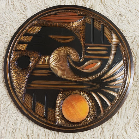 Vintage Round Copper Wall Art, 2 Birds, Sun & Moon. Signed.