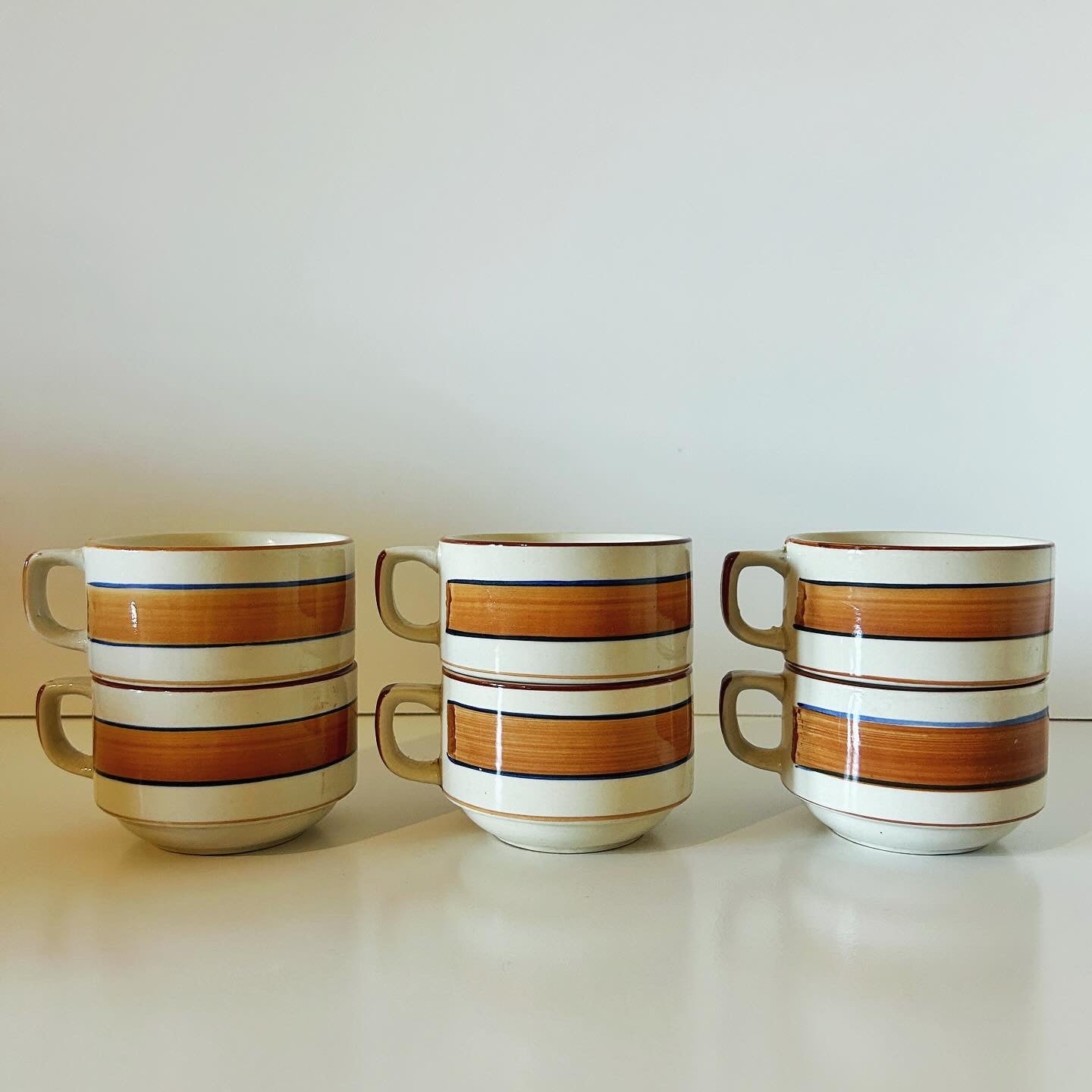 Set of 6 Vintage Stacking Stoneware Soup or Coffee Mugs, Brown Stripe