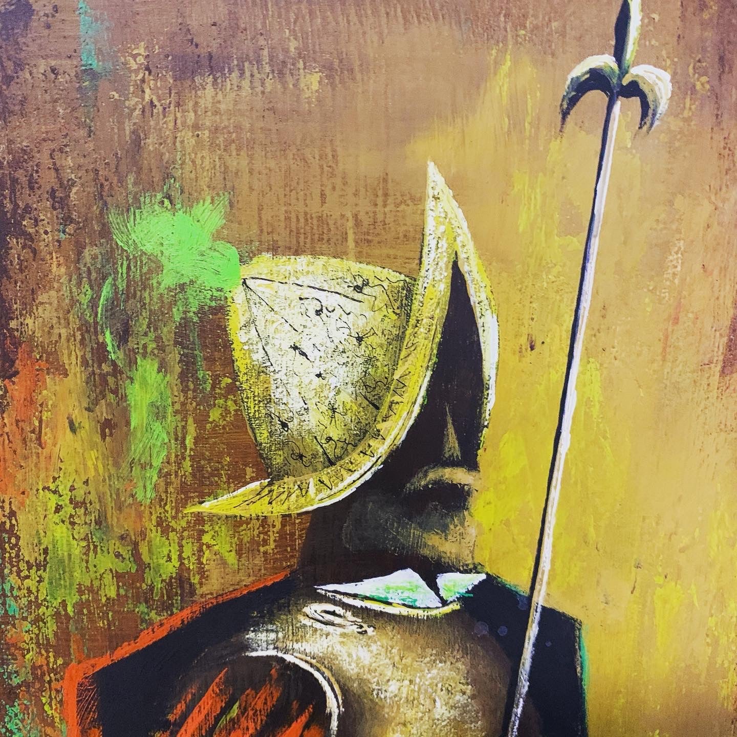 Original Gail Andrews Mid Century Abstract Oil Painting of a Spanish Conquistador