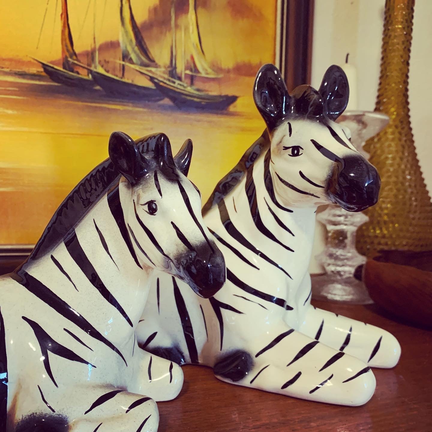 Pair of Hand Painted Mid Century Retro Ceramic Zebras