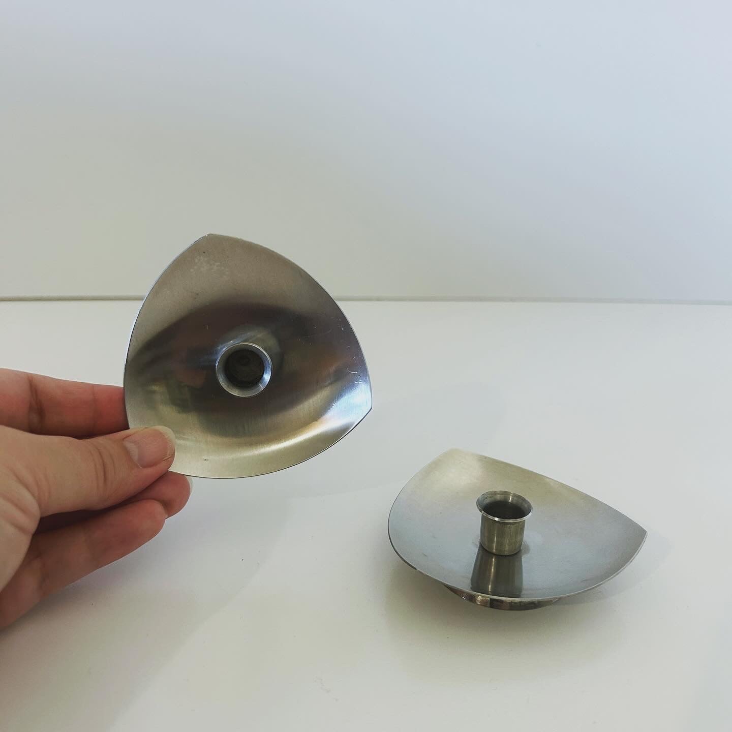 Pair of Mid Century Stainless Steel Candle Holders, Atomic Era