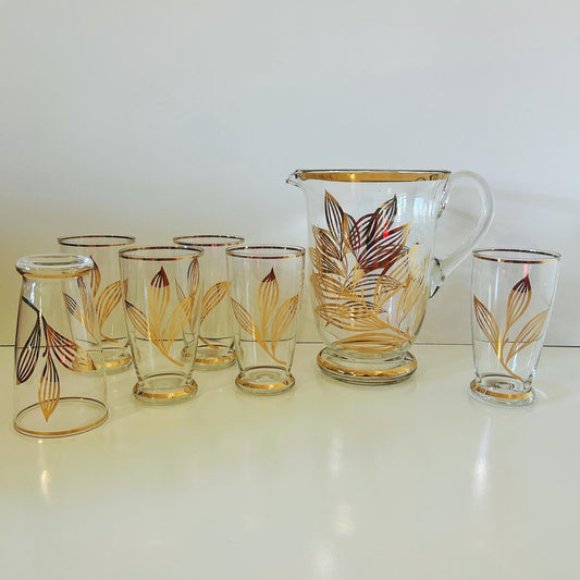 Gold Leaf Pitcher or Jug and Highball Glasses Set