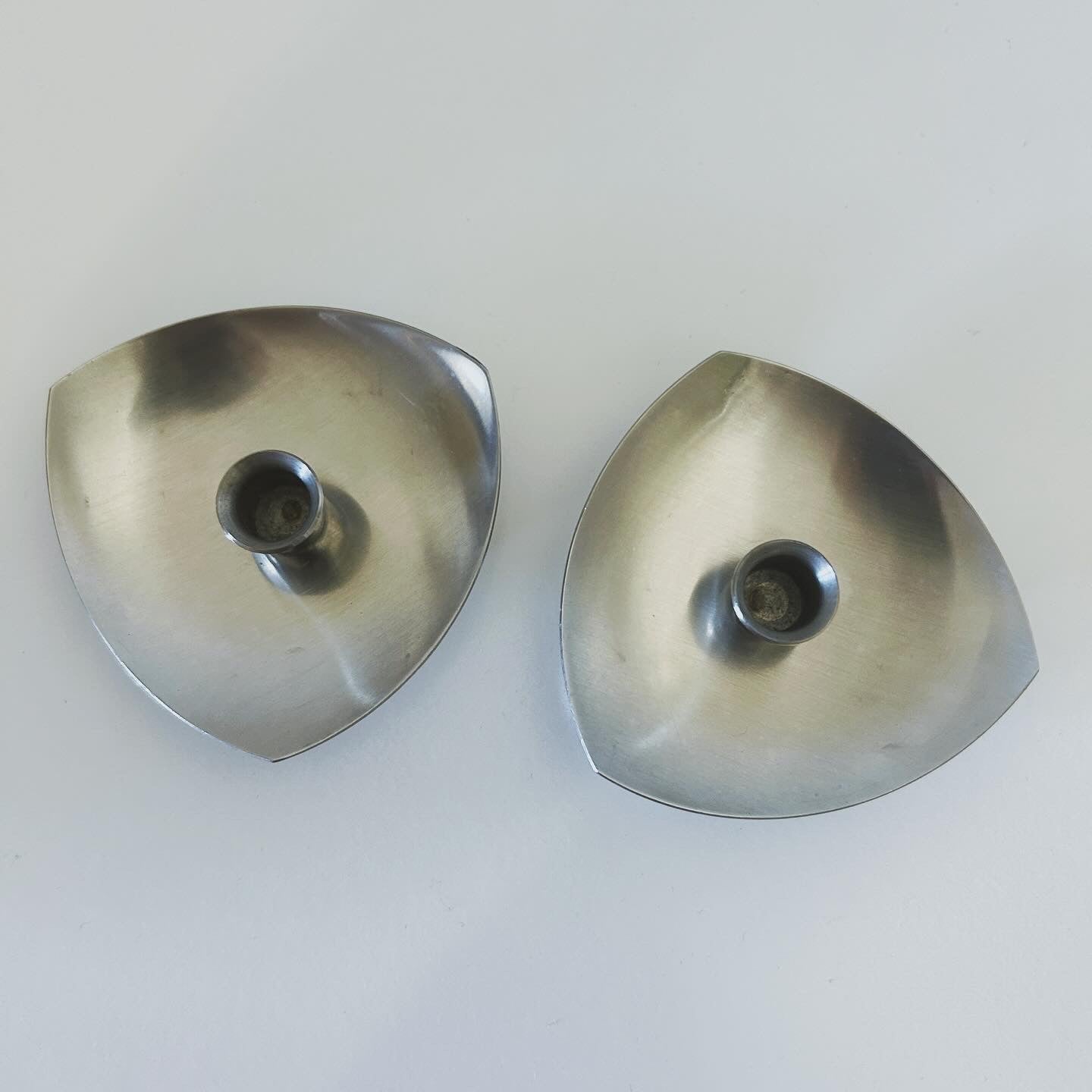 Pair of Mid Century Stainless Steel Candle Holders, Atomic Era