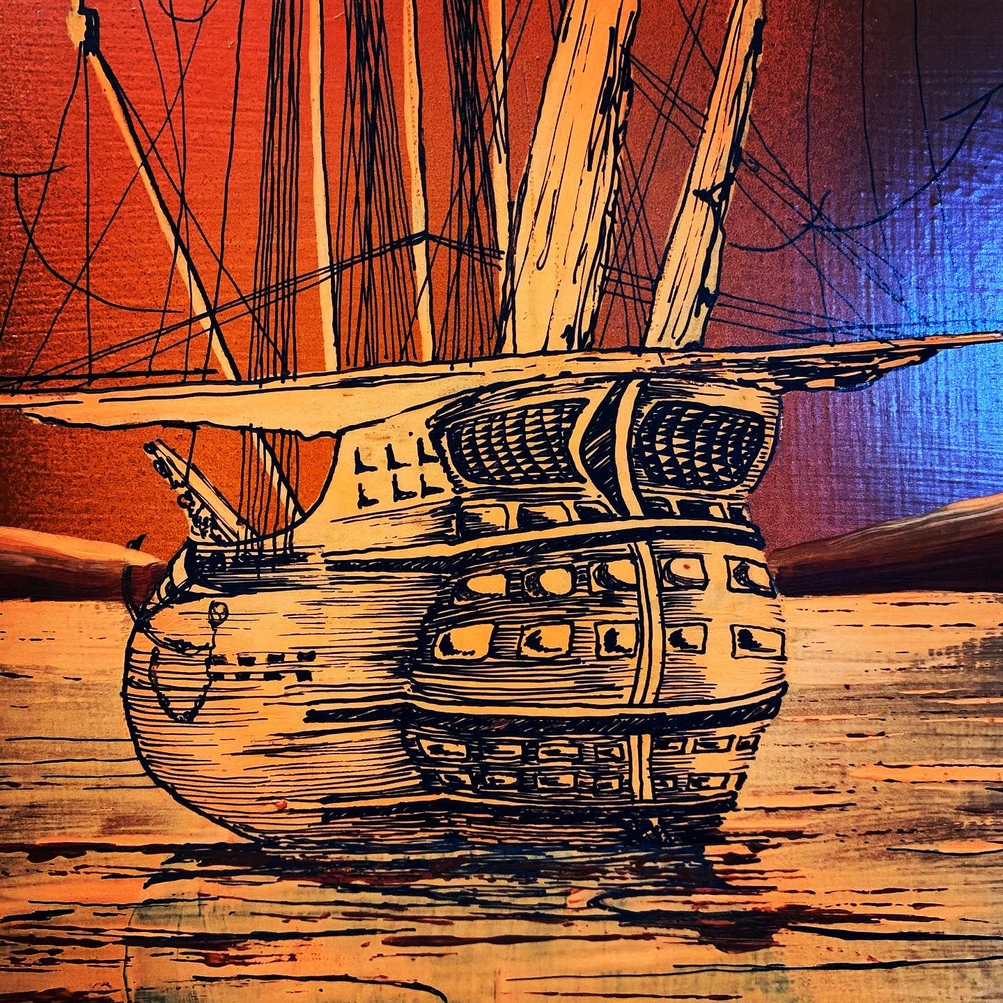 Original Gail Andrews Mid Century Oil Painting of a Galleon Ship at Sea