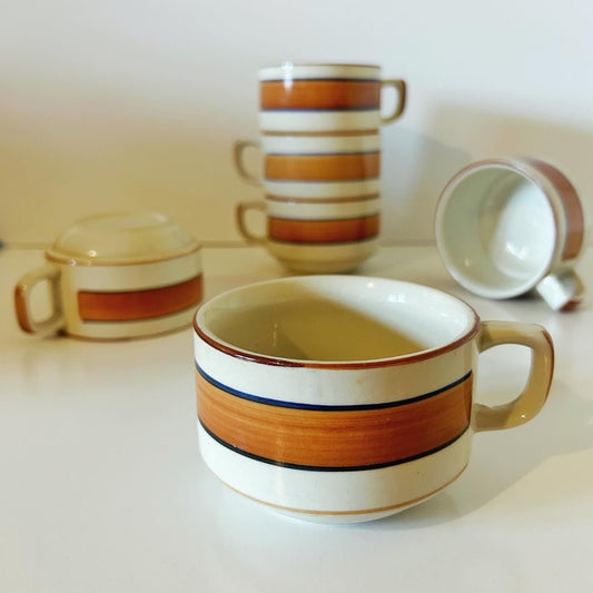 Set of 6 Vintage Stacking Stoneware Soup or Coffee Mugs, Brown Stripe