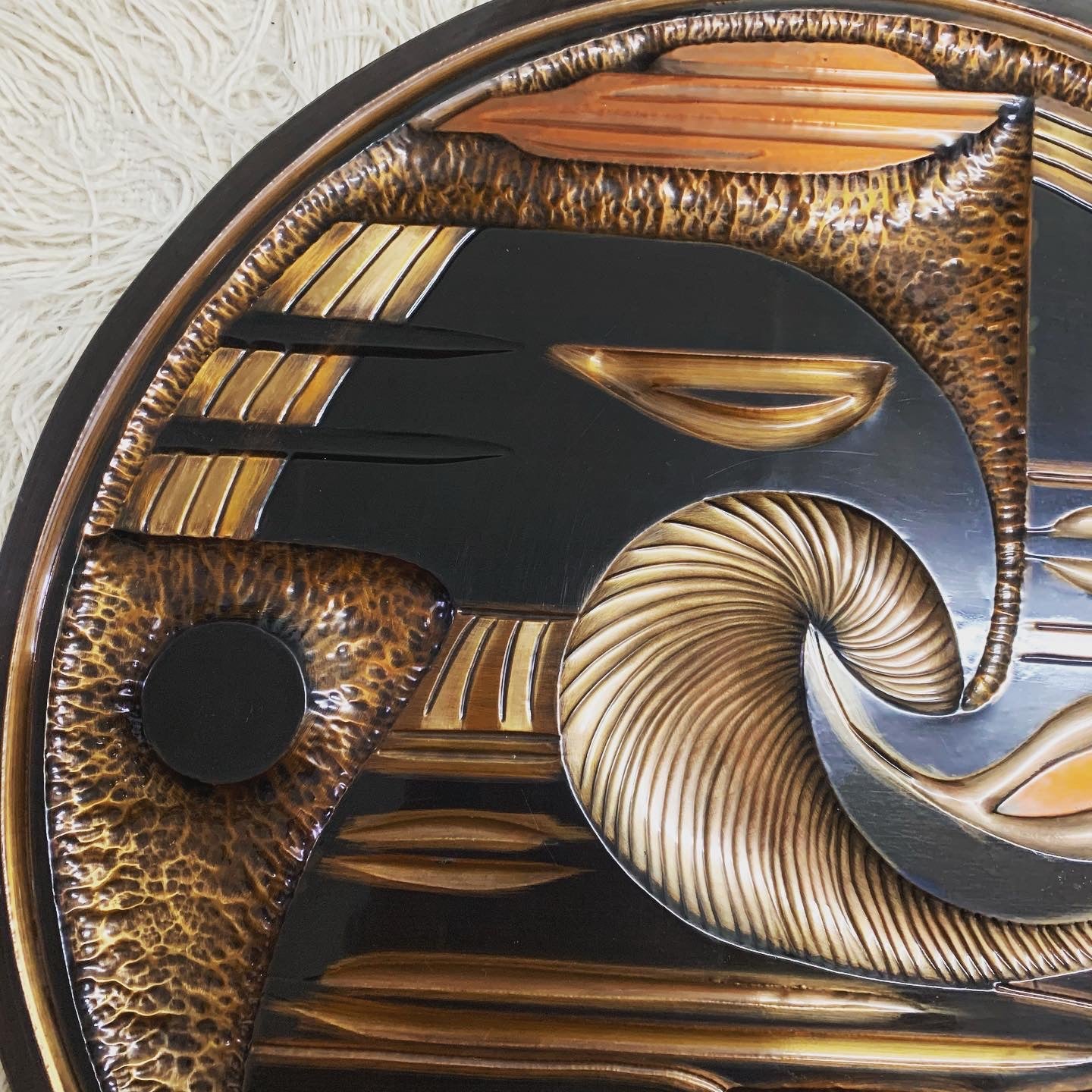 Vintage Round Copper Wall Art, 2 Birds, Sun & Moon. Signed.