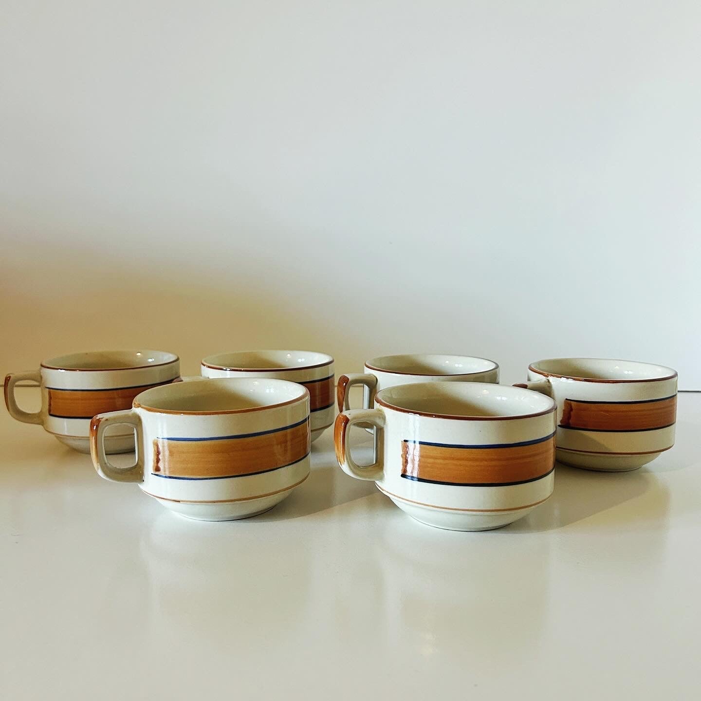 Set of 6 Vintage Stacking Stoneware Soup or Coffee Mugs, Brown Stripe