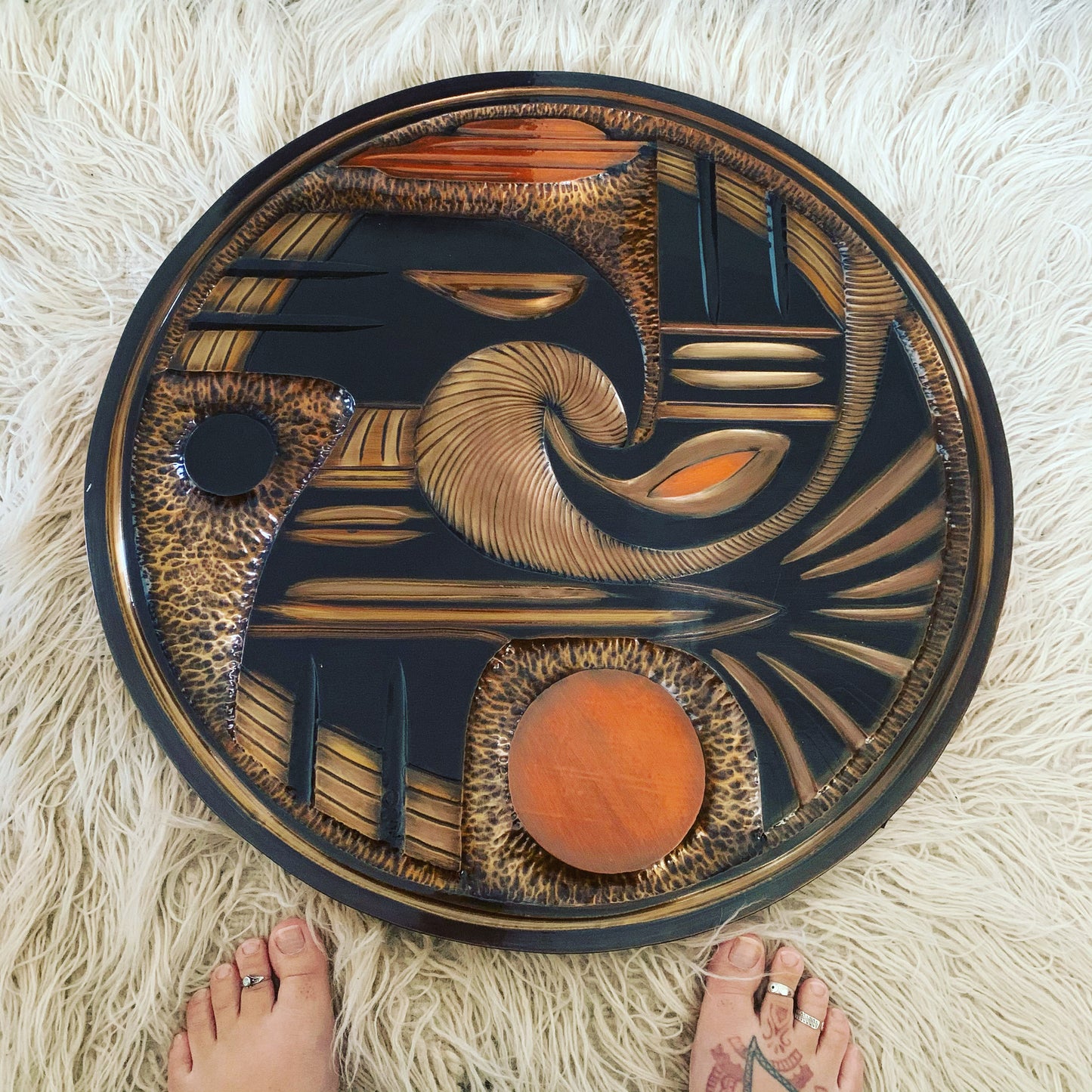 Vintage Round Copper Wall Art, 2 Birds, Sun & Moon. Signed.