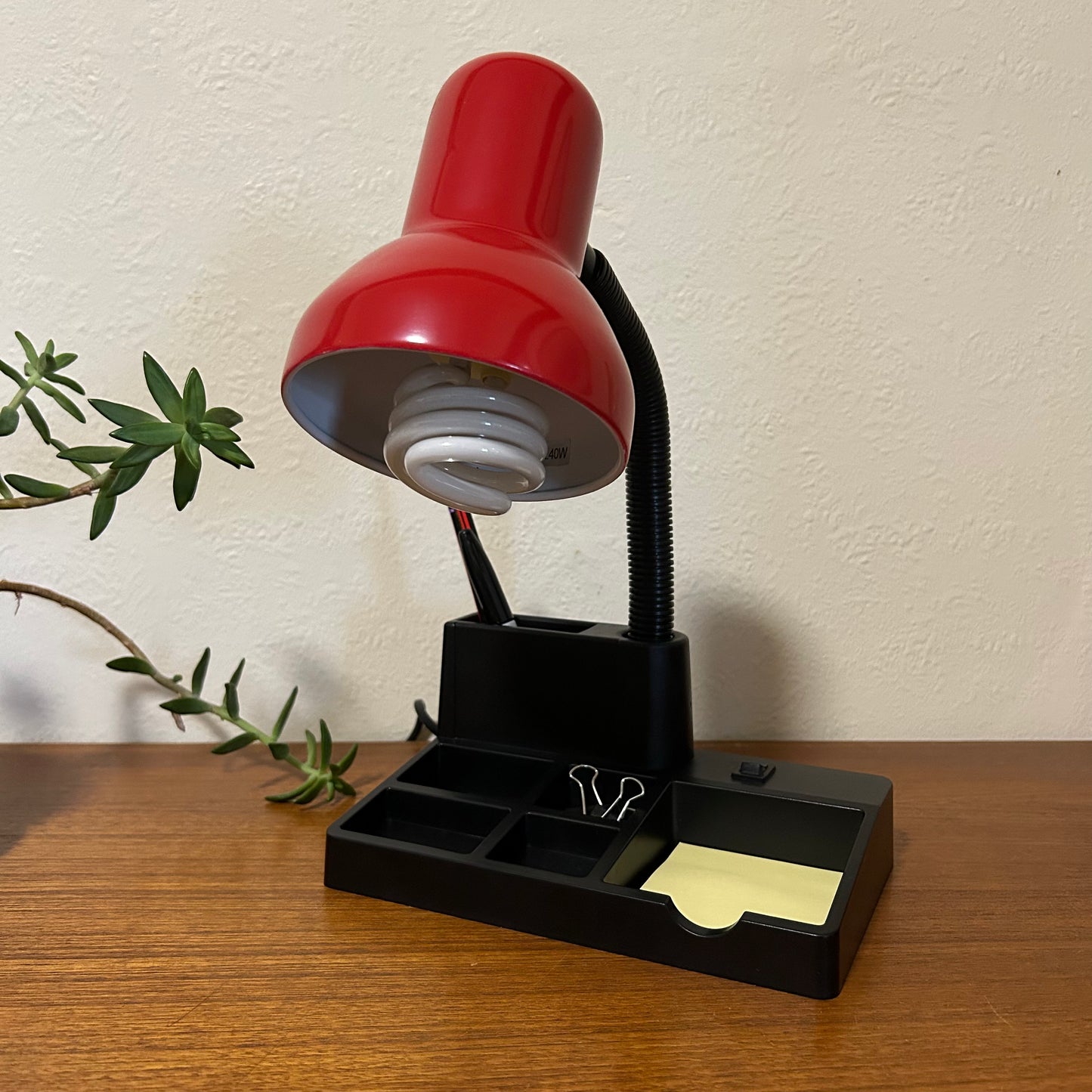 Red & Black Retro 80s era Gooseneck Desk Lamp with Stationery Organiser Base