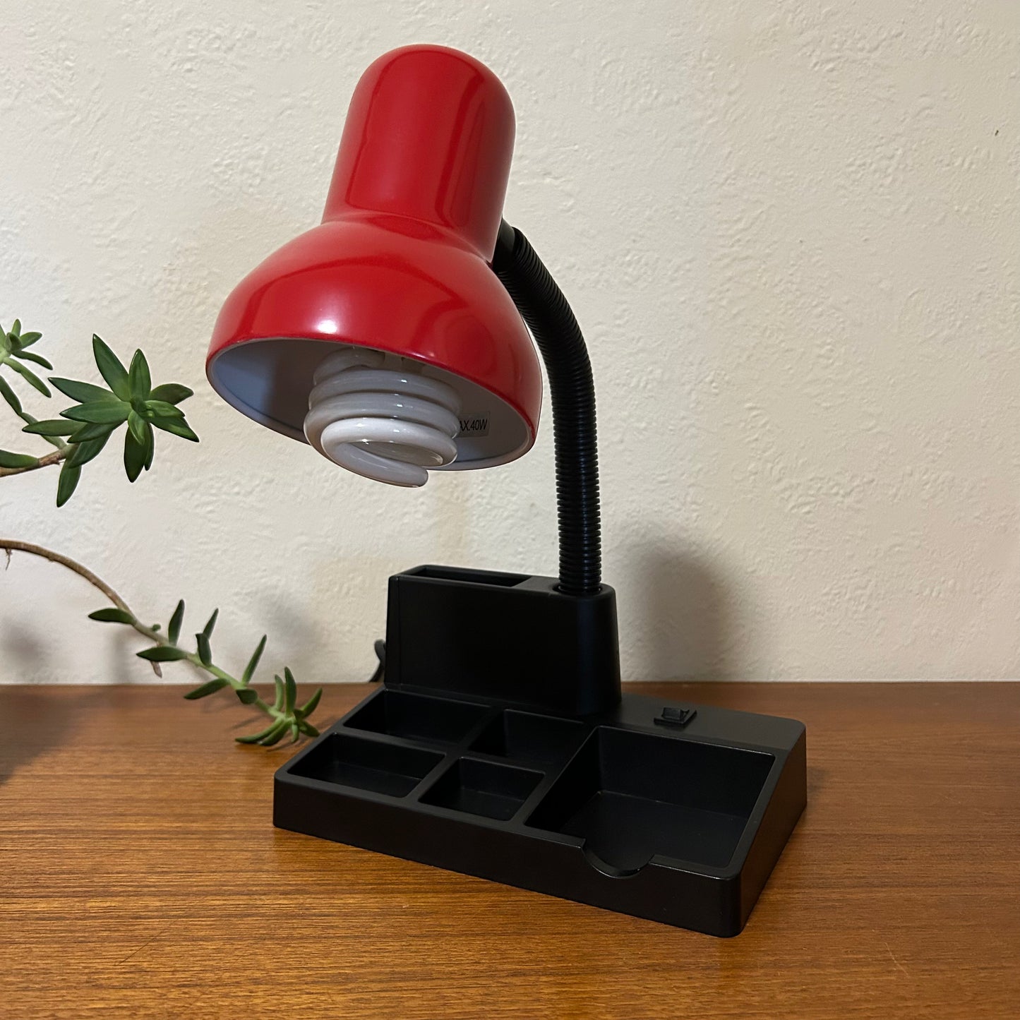 Red & Black Retro 80s era Gooseneck Desk Lamp with Stationery Organiser Base