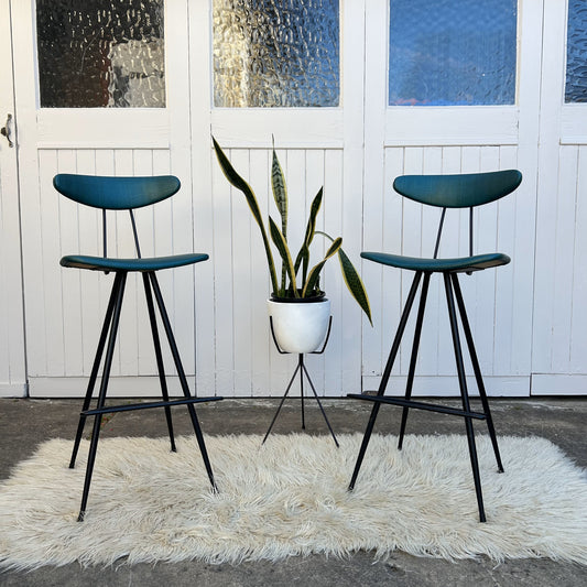 Pair of Original Teal & Black Iron Atomic Bar Stools by Wallace Furniture, Mid Century era