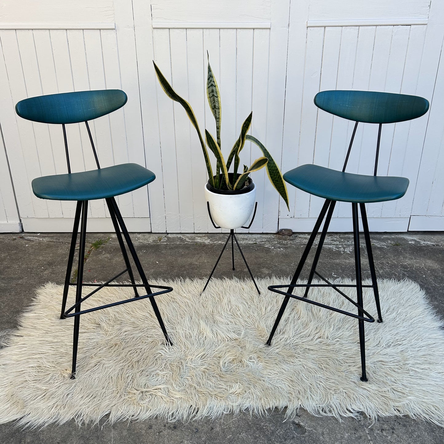Pair of Original Teal & Black Iron Atomic Bar Stools by Wallace Furniture, Mid Century era