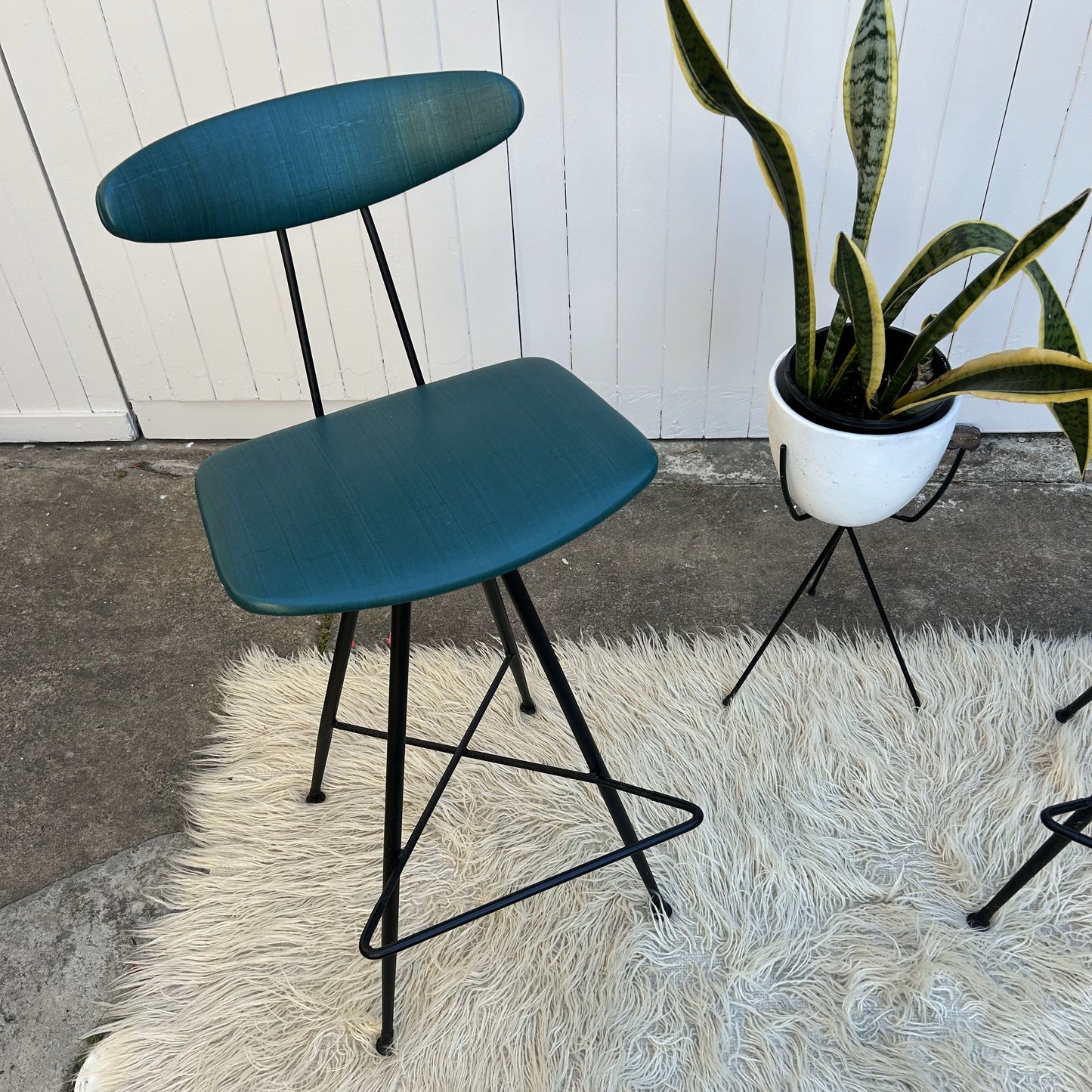 Pair of Original Teal & Black Iron Atomic Bar Stools by Wallace Furniture, Mid Century era