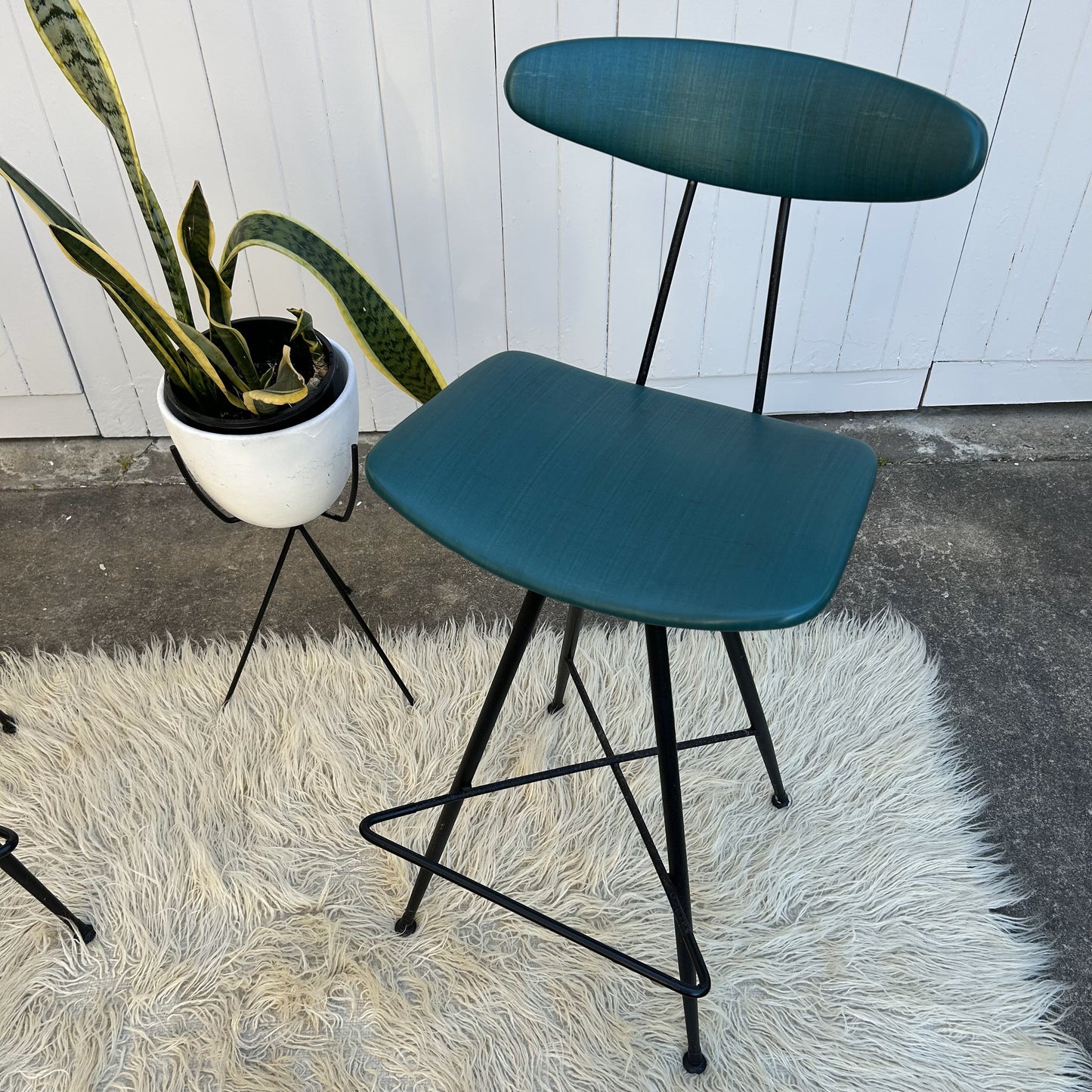 Pair of Original Teal & Black Iron Atomic Bar Stools by Wallace Furniture, Mid Century era