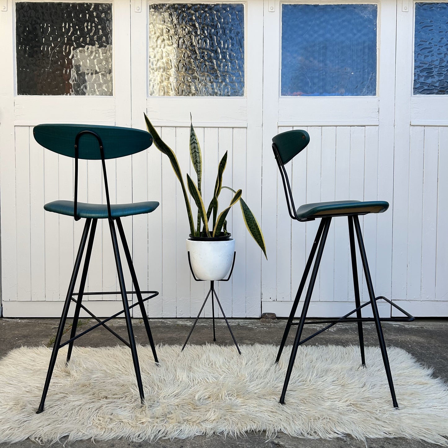 Pair of Original Teal & Black Iron Atomic Bar Stools by Wallace Furniture, Mid Century era