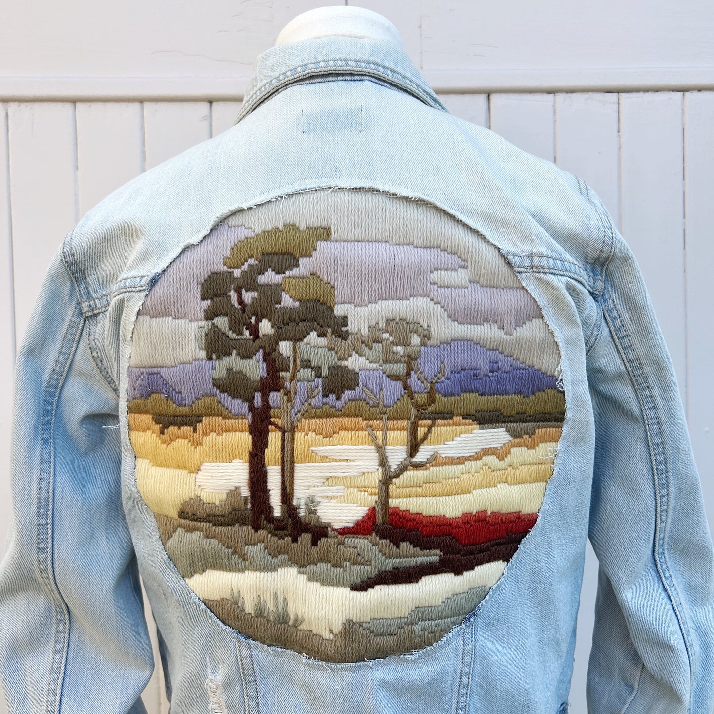 Vibrant, Earthy Aussie Bush Landscape Scene - Reclaimed Vintage Embroidery Denim Jacket, Wearable Art