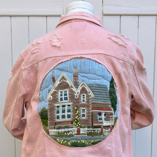 Distressed Pink Denim Jacket Feat. Whimsical 2 Storey House White Picket Fence - Reclaimed Vintage Embroidery Denim Jacket, Wearable Art
