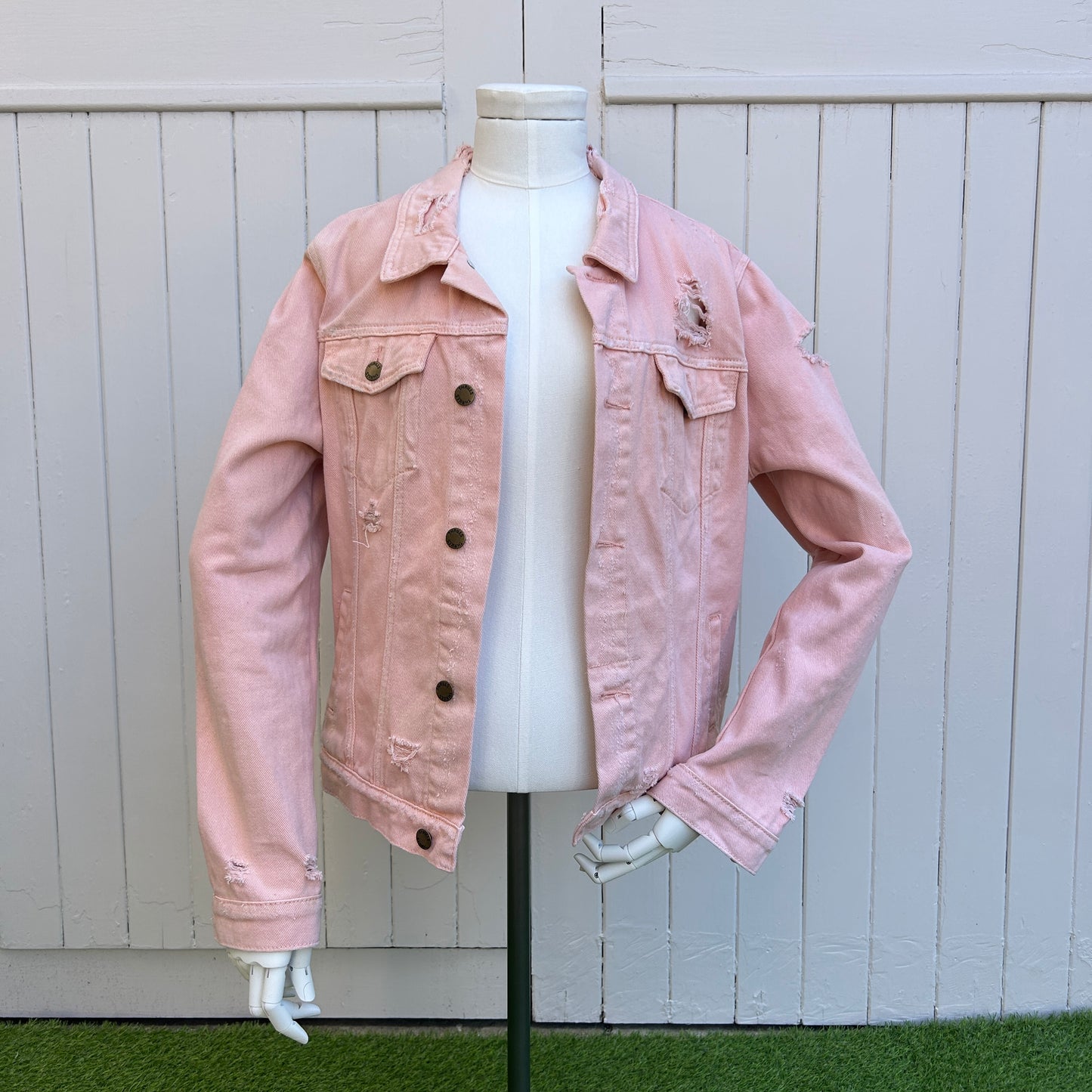 Distressed Pink Denim Jacket Feat. Whimsical 2 Storey House White Picket Fence - Reclaimed Vintage Embroidery Denim Jacket, Wearable Art