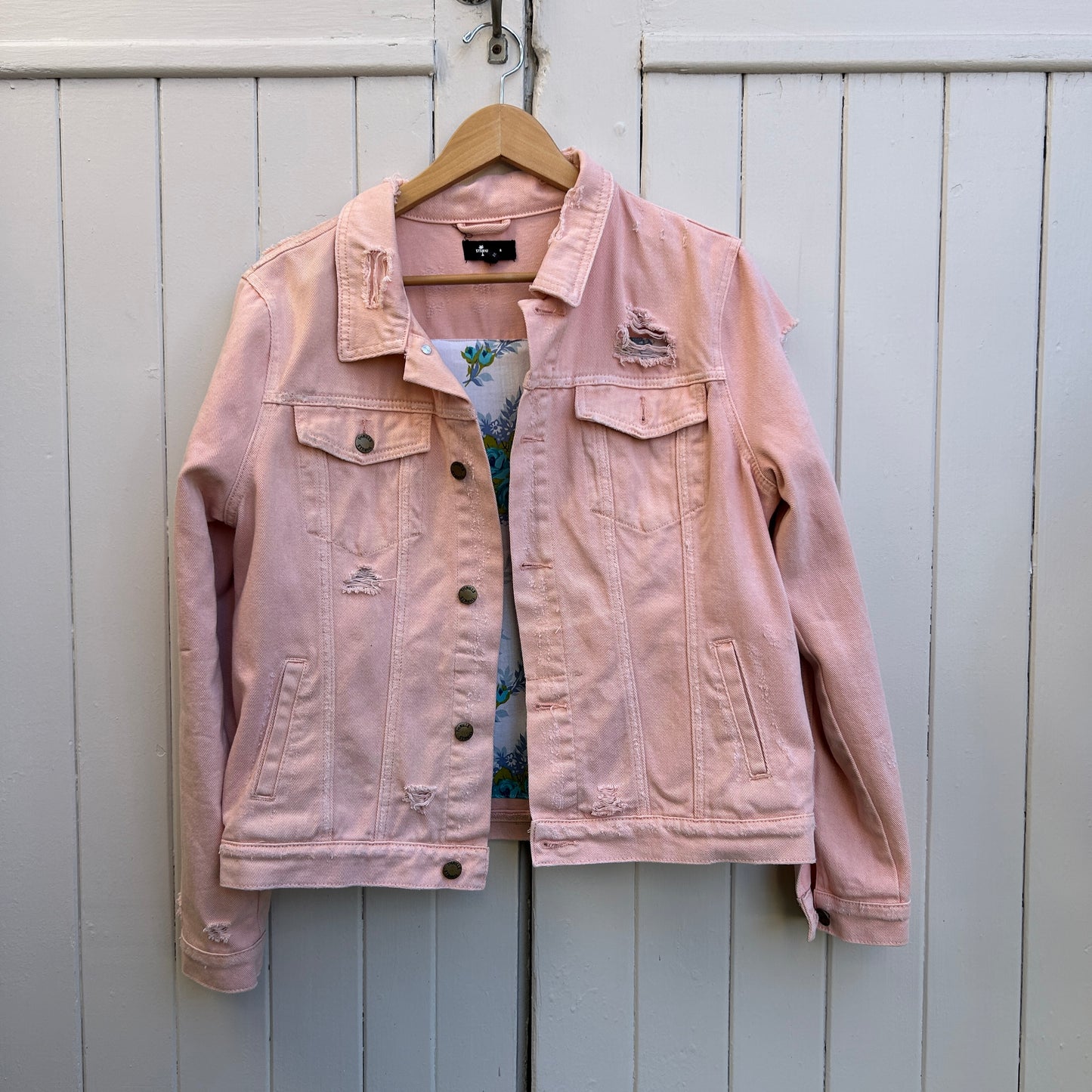 Distressed Pink Denim Jacket Feat. Whimsical 2 Storey House White Picket Fence - Reclaimed Vintage Embroidery Denim Jacket, Wearable Art