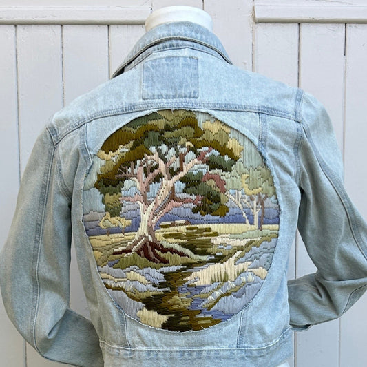 Light Denim Jacket Feat. Iconic Aussie Outback Bush Scene - Reclaimed Vintage Embroidery Denim Jacket, Wearable Art