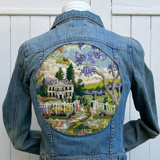Aged Denim Jacket Feat. Rural Manor House, Lush Flower-Filled Garden Grounds - Reclaimed Vintage Embroidery Denim Jacket, Wearable Art
