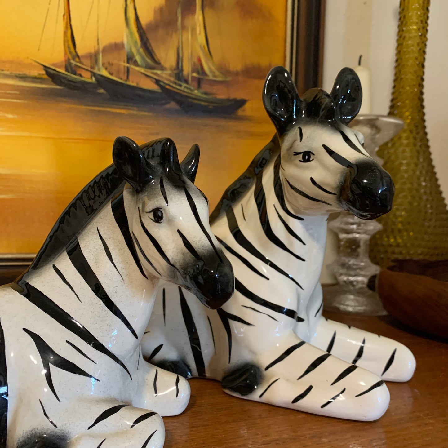 Pair of Hand Painted Mid Century Retro Ceramic Zebras