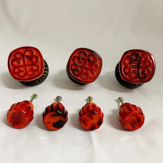 Brutalist Mid Century Door Knob & Drawer Pull Set in Retro Red